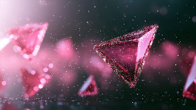 Several faceted pink triangular crystals are suspended in a dark, atmospheric space, surrounded by shimmering particles and soft bokeh lights.