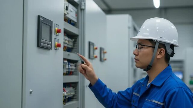 Adult Asian male engineer and technician, operating industrial machinery equipment control panel with expertise and dedication in professional setting