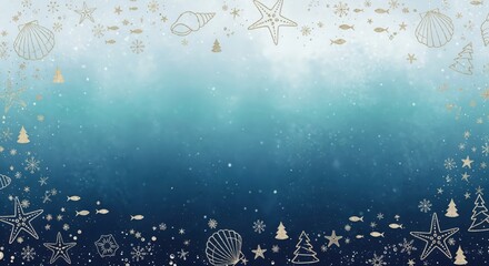 Magical Blue Gradient Ocean Background with Golden Starfish Shells Snowflakes and Christmas Trees