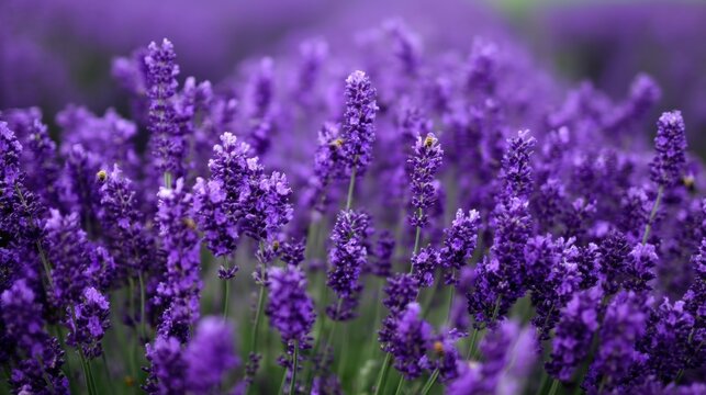 Close-up of a Lush Lavender Field in Full Bloom Surrounded by a Sea of Vibrant Purple Flowers and Green Stems Under a Clear Blue Sky - Powered by Adobe