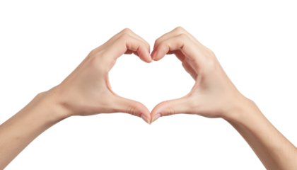 Isolated hands forming a heart symbol against a pristine white background, a clear png ideal for expressing love, care, and deep affection visually