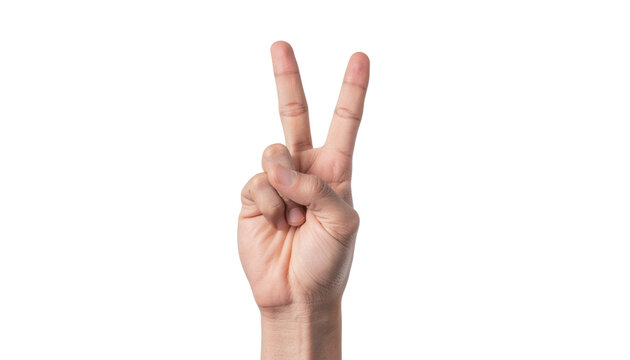 Hand making the peace sign or victory gesture with two fingers up, isolated on a white background for a transparent png download