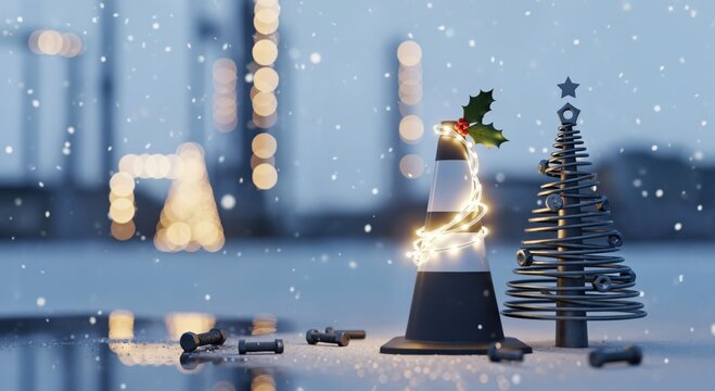 Festive winter scene with a construction cone adorned with Christmas lights and holly next to a modern metal holiday tree under falling snow - Powered by Adobe