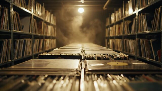 Vintage Record Music Storage Archive Collection Rows of Old Vinyl Records Stored Dimly Lit Room, Evoking Sense of Nostalgia and Passion for Music
