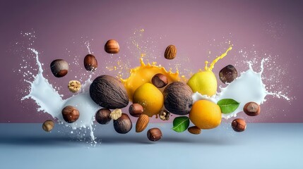 A dynamic composition of various nuts, fruits, and splashes of milk and juice against a soft purple background.