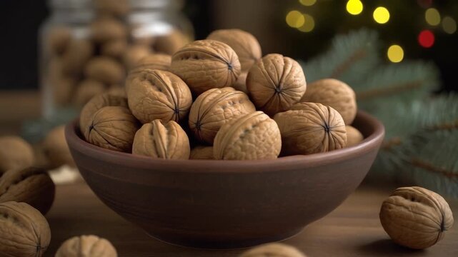 Close-up of a bowl of walnuts on a wooden table with blurred Christmas lights in the background, creating a festive and cozy atmosphere perfect for holiday season content.