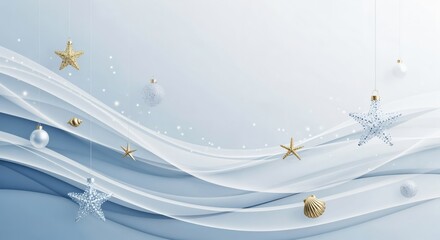 Elegant Winter Holiday Background with Sparkling Starfish, Baubles, and Seashell Ornaments on Abstract Blue Waves