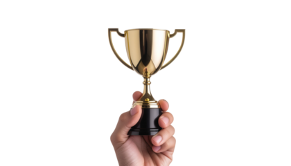 Gold trophy png image, a hand holding a golden trophy with a white background