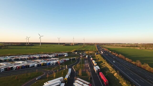 aerial view of rural freight terminal, high altitude capture of trucks and wind generators, overhead perspective showcasing freight trailers alongside wind power structures in countryside