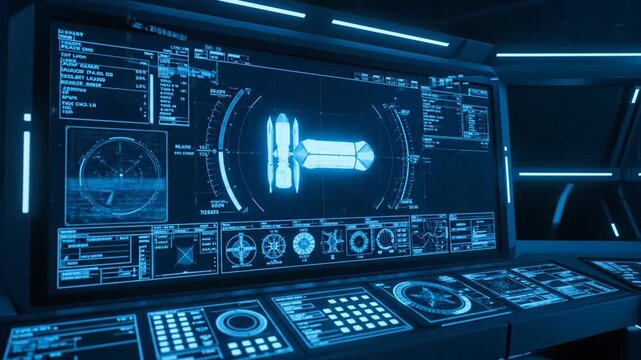 Futuristic control panel, holographic displays, technology, computer screen, advanced spaceship bridge, satellite space, complex data, exploration