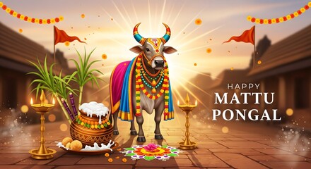 Decorated bull celebrating mattu pongal festival with traditional decorations
