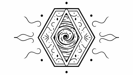 Vector Intricate hexagonal design featuring swirling vortex center, surrounded by flowing lines