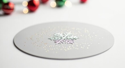 Close-up of a decorative snowflake with glitter on a grey surface, surrounded by blurred Christmas ornaments and festive lights