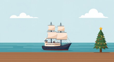 Cartoon illustration of a classic sailboat on calm blue water next to a wooden dock, featuring a festive Christmas tree adorned with lights and a star under a clear sky.