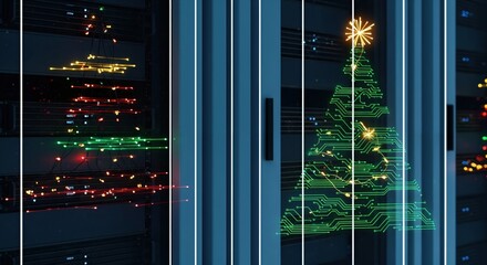 Digital Christmas Trees in a Server Room with Glowing Circuit Board and Fiber Optic Lights, Representing Holiday Season in Technology.