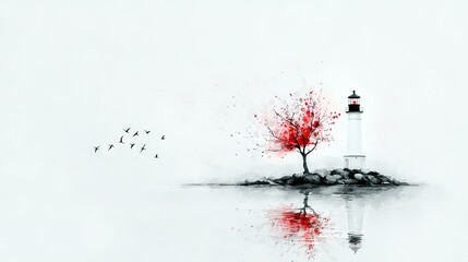 A minimalist scene featuring a white lighthouse and a tree with vibrant red foliage on a rocky island, with a reflection in the water and a flock of birds in th