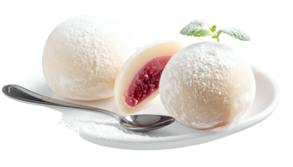 Mochi on plate, one sliced, revealing red filling, dusted with sugar