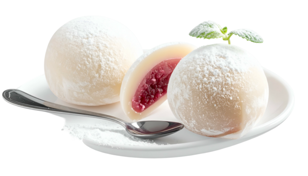 Mochi on plate, one sliced, revealing red filling, dusted with sugar