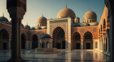 A serene courtyard of an ornate Middle Eastern mosque featuring grand domes, arched colonnades, and intricate geometric details illuminated by warm sunlight