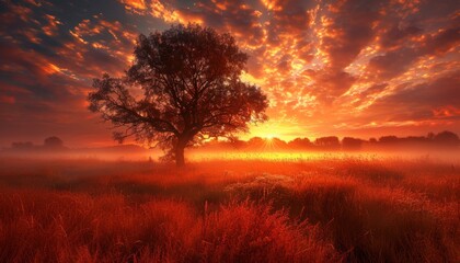 Serene autumn sunrise over foggy countryside with warm golden light in landscape photography
