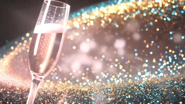 キラキラした金や金粉をイメージしたシャンパングラスが出てくるラグジュアリーな黒背景イメージ動画	
