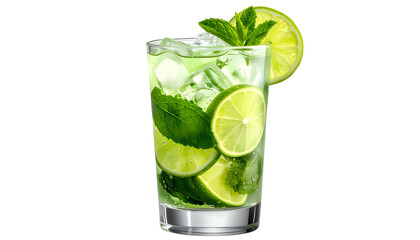 Refreshing mojito lime slices, mint leaves, ice, in clear glass