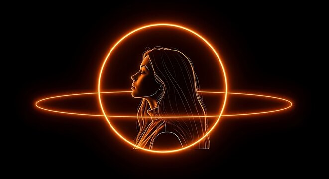 Womans Profile in Neon Orange Rings on Black Background.