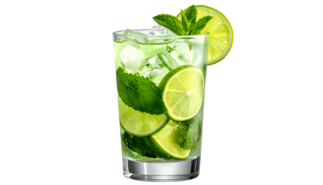 Refreshing mojito lime slices, mint leaves, ice, in clear glass