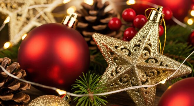 Close-up of festive Christmas decorations featuring red baubles, golden star ornament, pinecones, and twinkling string lights on a rustic background, evoking a warm holiday spirit.