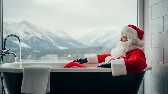 Joyful winter holiday celebration merry, festive season of relaxation and happy moments. Santa Claus finds serene, contented peace warm, snowy mountain view bubble bath, refreshed after year of gift