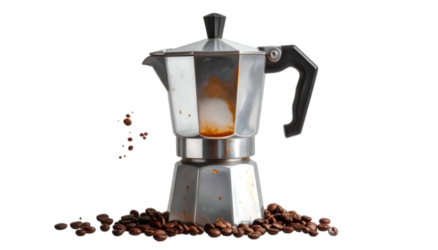 Silver moka pot with scattered coffee beans, isolated on black
