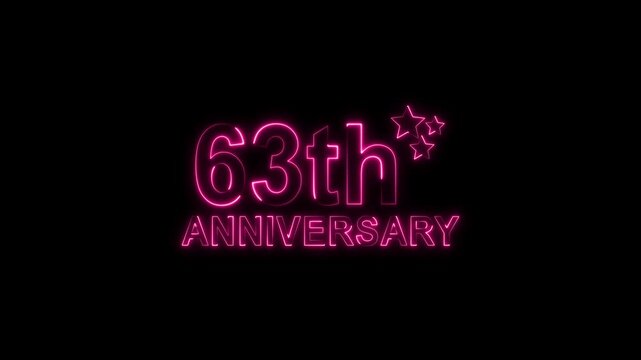 Celebrate 63th anniversary with glowing pink neon text and sparkling stars on a black backdrop, perfect for invitations, cards, and social media posts, evoking joy and milestone achievement
