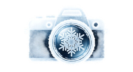 Icy camera with snowflake lens for winter photography promotion