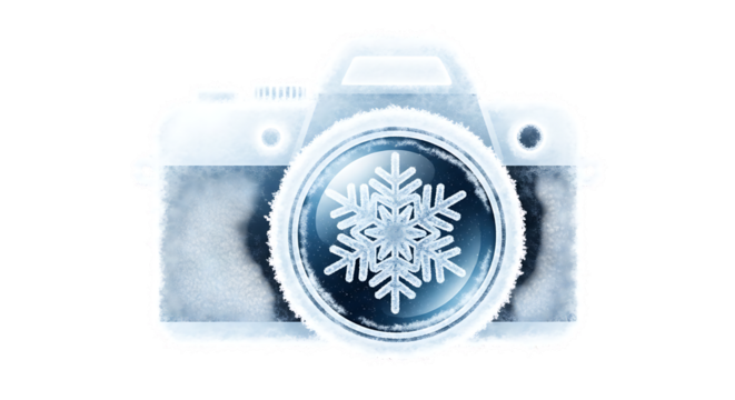 Icy camera with snowflake lens for winter photography promotion