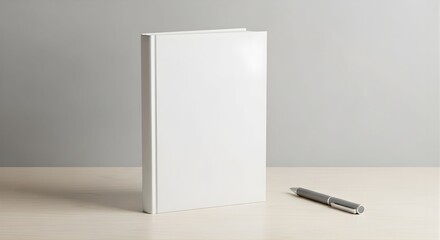 Minimalist Composition: Standing White Book with Silver Pen on Light Wood Table
