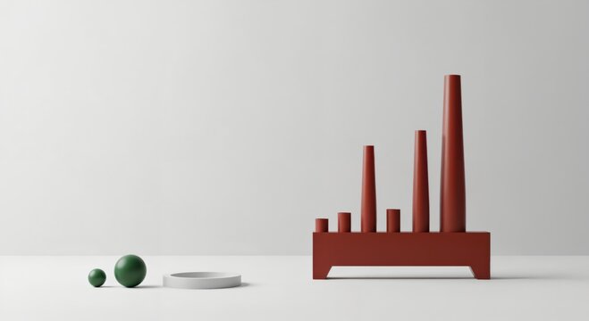 Modern minimalist still life featuring a red abstract sculpture with tapered forms and green spheres