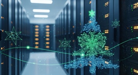 Digital Christmas Tree made of Circuit Board in a Modern Data Center Aisle, Blending Technology and Holiday Celebration