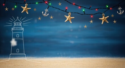 Nautical Christmas holiday background with drawn lighthouse on sandy beach and festive marine decorations