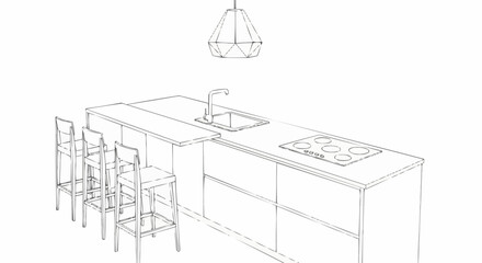 Sketch of a Modern Kitchen Island with Bar Stools.