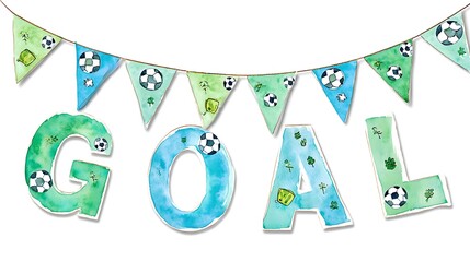 Festive watercolor goal banner with soccer ball themed pennants for sports celebrations