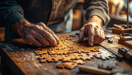 Handmade wooden puzzle assembly showcasing artisan craftsmanship in a creative workshop setting for unique DIY craft and hobby concepts.