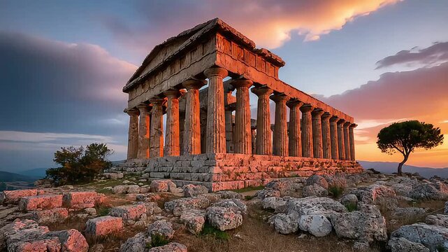 The ancient Roman building stood majestically, showcasing stunning architecture and intricate carvings.