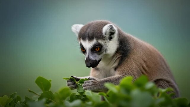 Madagascars Fauna Curious Ring Tailed Lemur, Gentle Mammal and Primate, Nibbling Fresh Green Leaves Natures Wildlife Embrace. This Cute Animal, Exhibiting Alert and Focused Demeanor, Cautiously