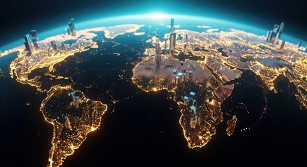 Global network of illuminated cities with modern skyscrapers across continents