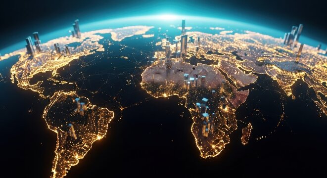 Global network of illuminated cities with modern skyscrapers across continents - Powered by Adobe