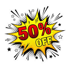 Pop Art 50% OFF Sale Burst Vector | Comic Book Discount Explosion Bubble