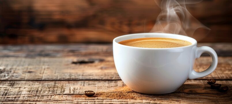 Cozy morning aesthetic  close up of steaming coffee cup on wooden table in natural light - Powered by Adobe