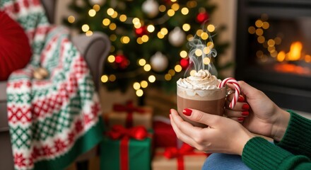 Cozy Christmas scene with female hands holding a steaming mug of hot chocolate topped with whipped cream and a candy cane, surrounded by a festive tree, fireplace, and gifts.