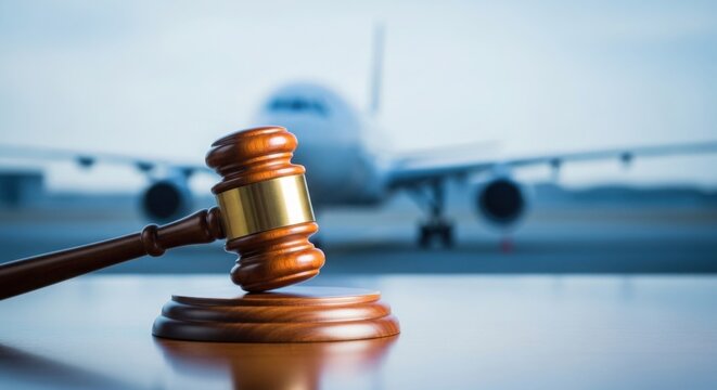 Aviation law concept with judicial gavel and blurred commercial airplane in background - Powered by Adobe