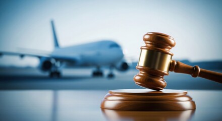 Gavel and blurred airplane symbolizing aviation law, air transport policy & justice.